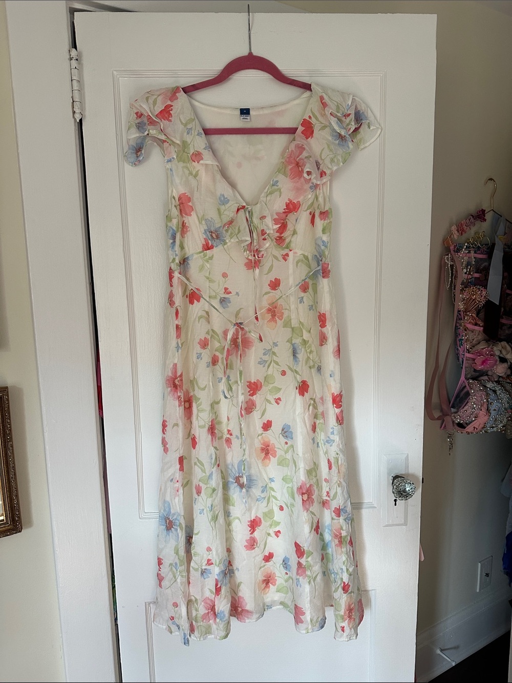 Floral Tie-Front White Midi Dress with Cap Sleeves old navy